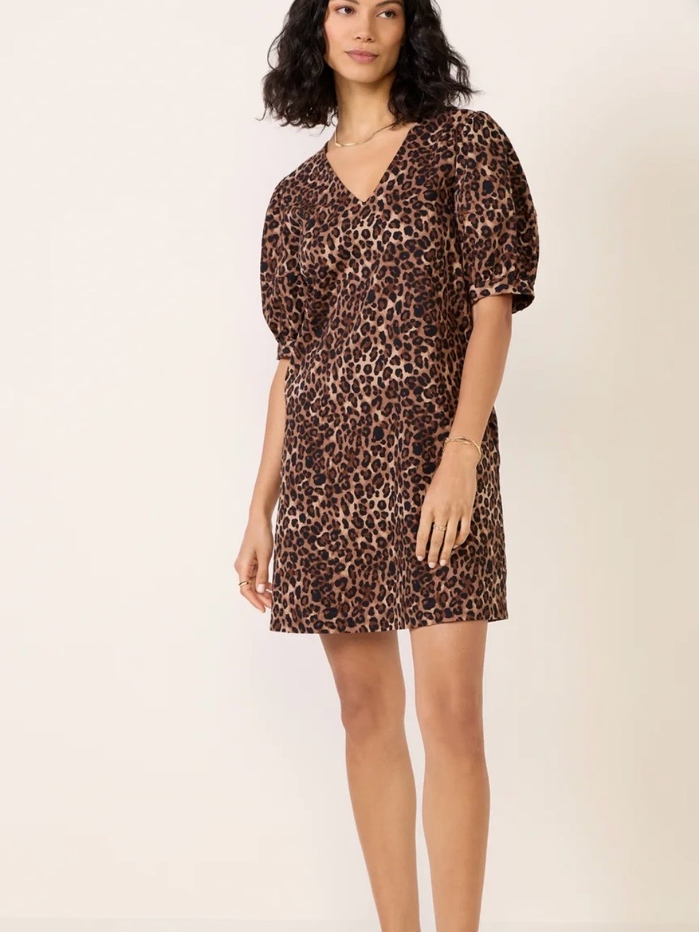 Evereve Brown Leopard V-Neck Short Puff Sleeve Mini Dress size XS